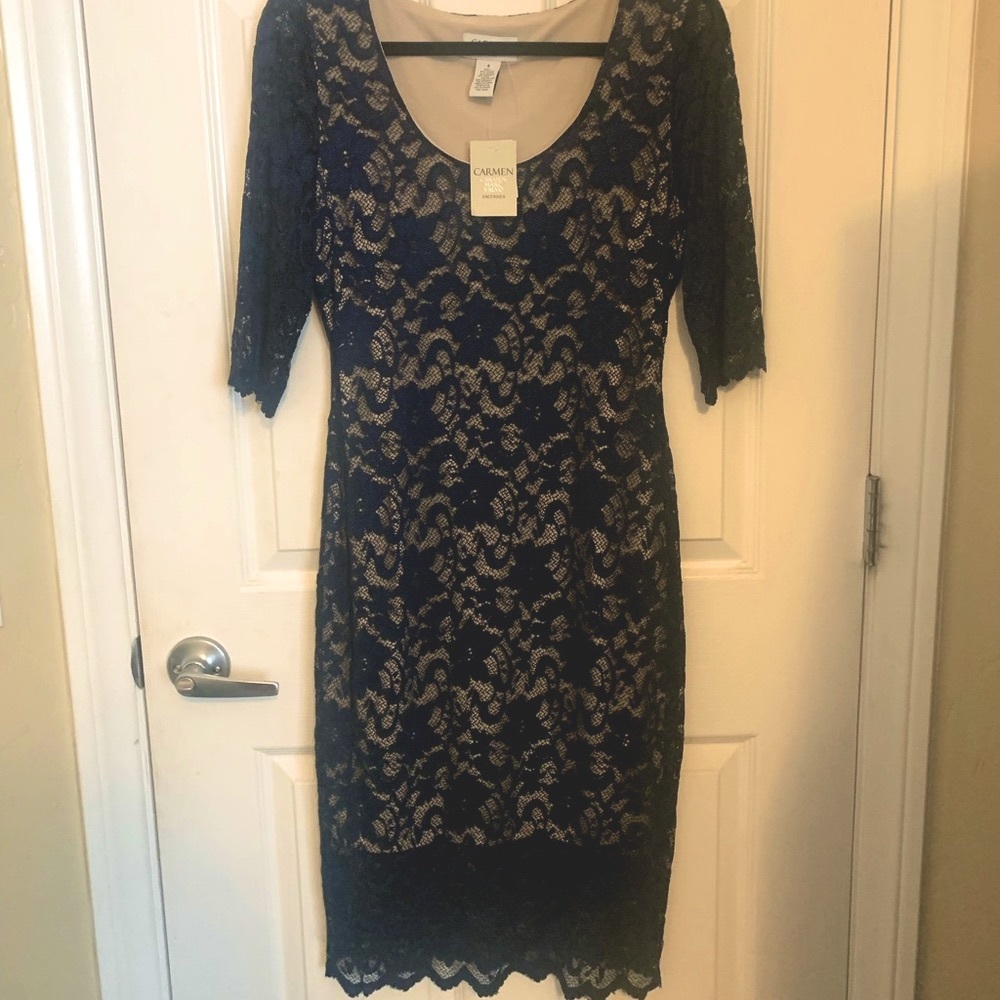 Carmen Marc Valvo Navy Blue Lace Dress